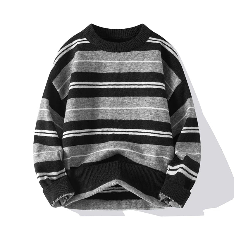 Men’s Cotton-Blend Stripe Crew-Neck Sweater in Black