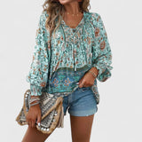 Indie | Women's Boho V-Neck Lace-Up Blouse Long Sleeve Print