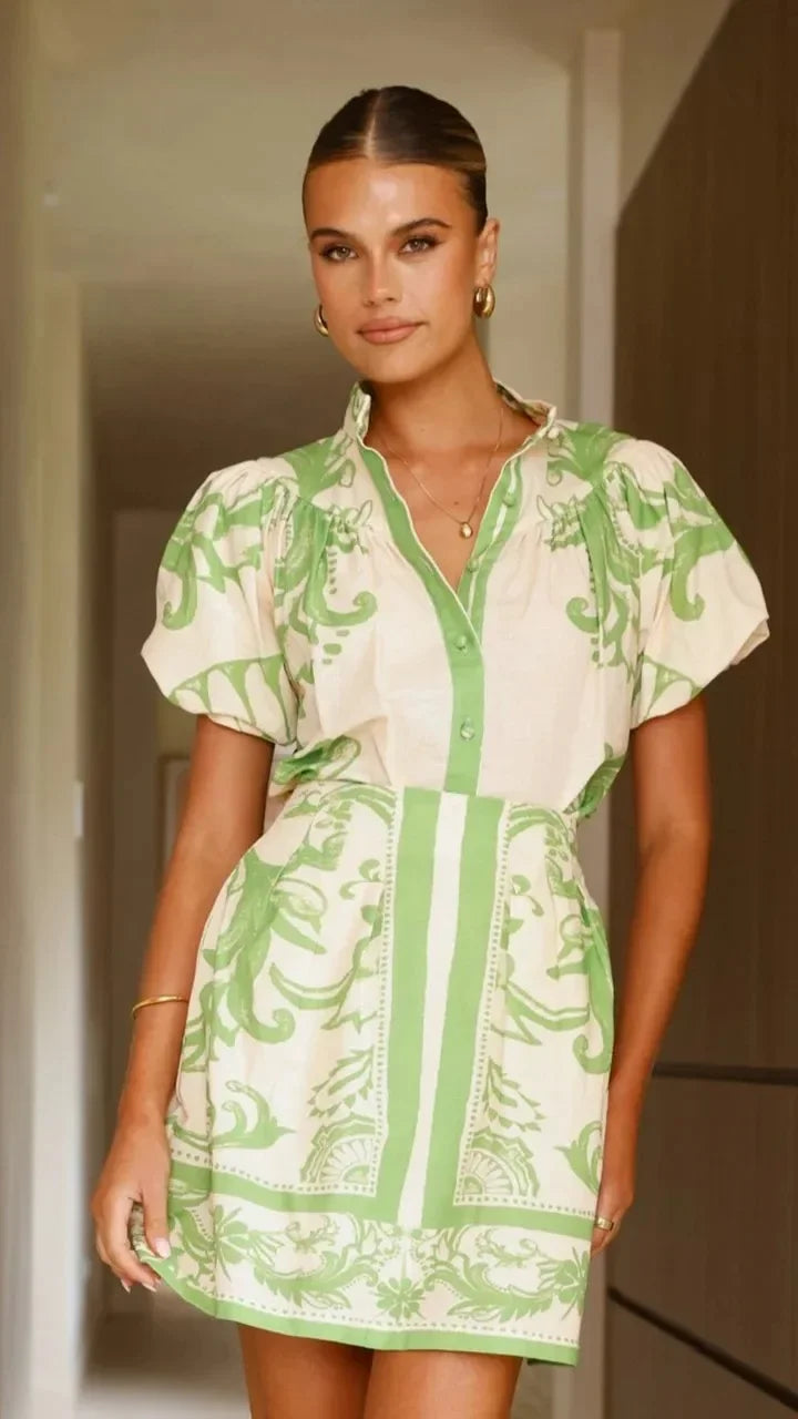 Aria | Women's Floral Print Puff Sleeve Mini Dress V-Neck
