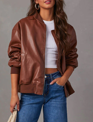 Women’s Faux-Leather Zip-Front Bomber Jacket in Brown