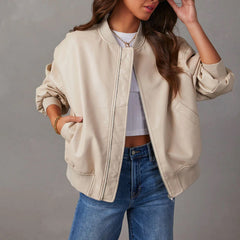 Women’s Faux-Leather Zip-Front Bomber Jacket in Cream