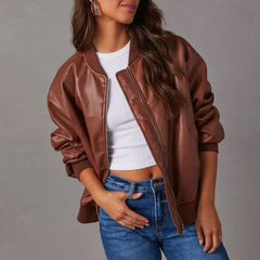 Women’s Faux-Leather Zip-Front Bomber Jacket