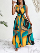 Zara | Women's V-Neck Sleeveless Belted Maxi Dress Printed