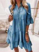 Luna | Women's Denim Ruffle Mini Dress Button-Up V-Neck