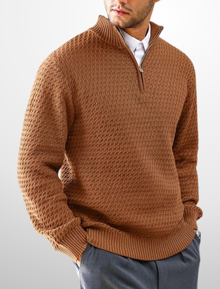 Men’s Basket-Textured Quarter-Zip Sweater in Brown