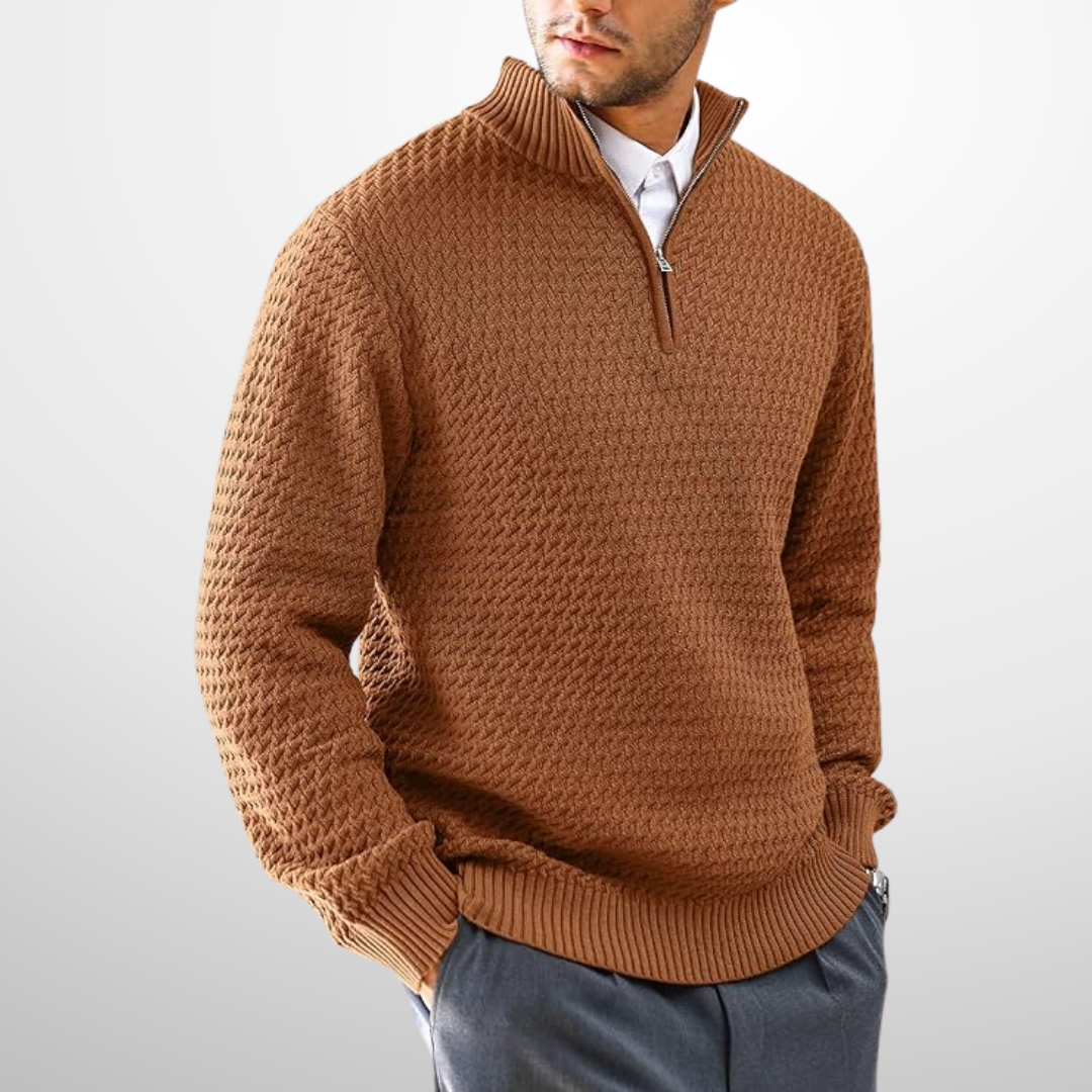 Men’s Basket-Textured Quarter-Zip Sweater in Brown