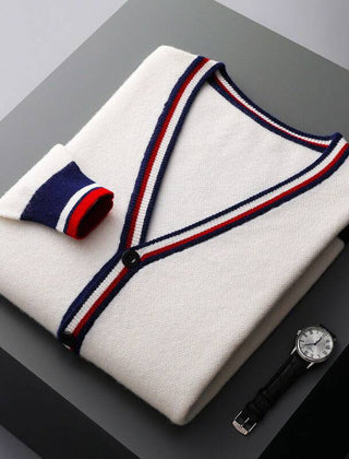 Men’s Wool-Blend Contrast-Trim Cardigan in Cream White