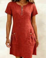 Pippa | Women's Linen Short Sleeve Zip Neck A-Line Mini Dress