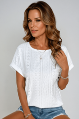 Clover | Women's Eyelet Short Sleeve Top Casual Crew Neck