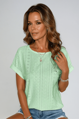Clover | Women's Eyelet Short Sleeve Top Casual Crew Neck