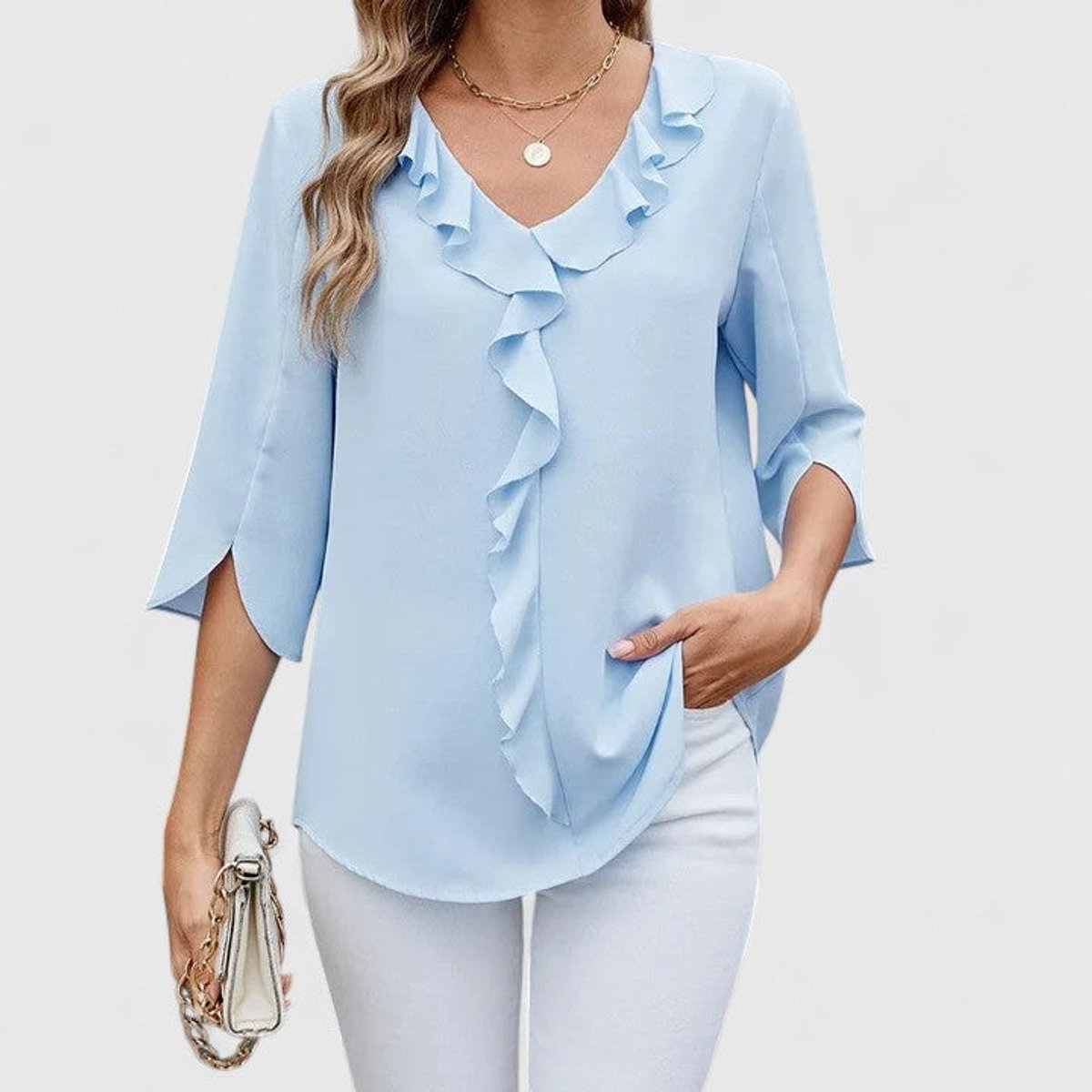 Adèle | Women's Ruffle Front V-Neck 3/4 Sleeve Blouse