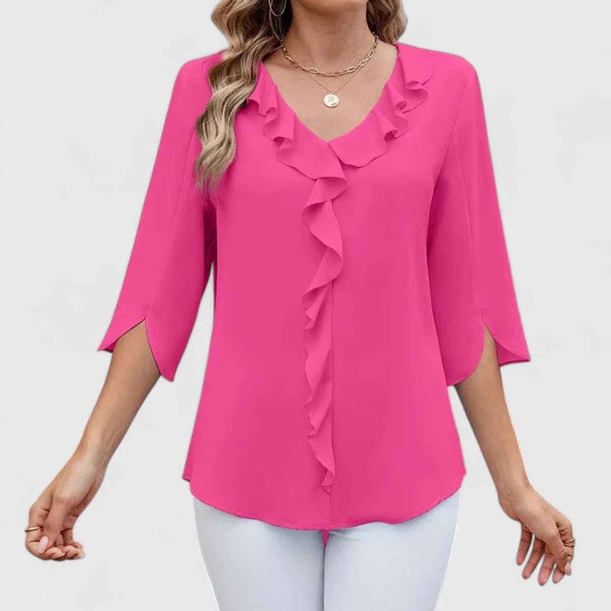 Adèle | Women's Ruffle Front V-Neck 3/4 Sleeve Blouse