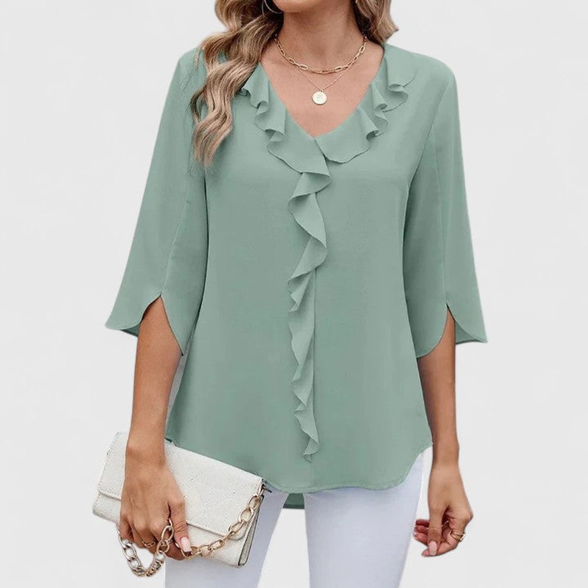 Adèle | Women's Ruffle Front V-Neck 3/4 Sleeve Blouse