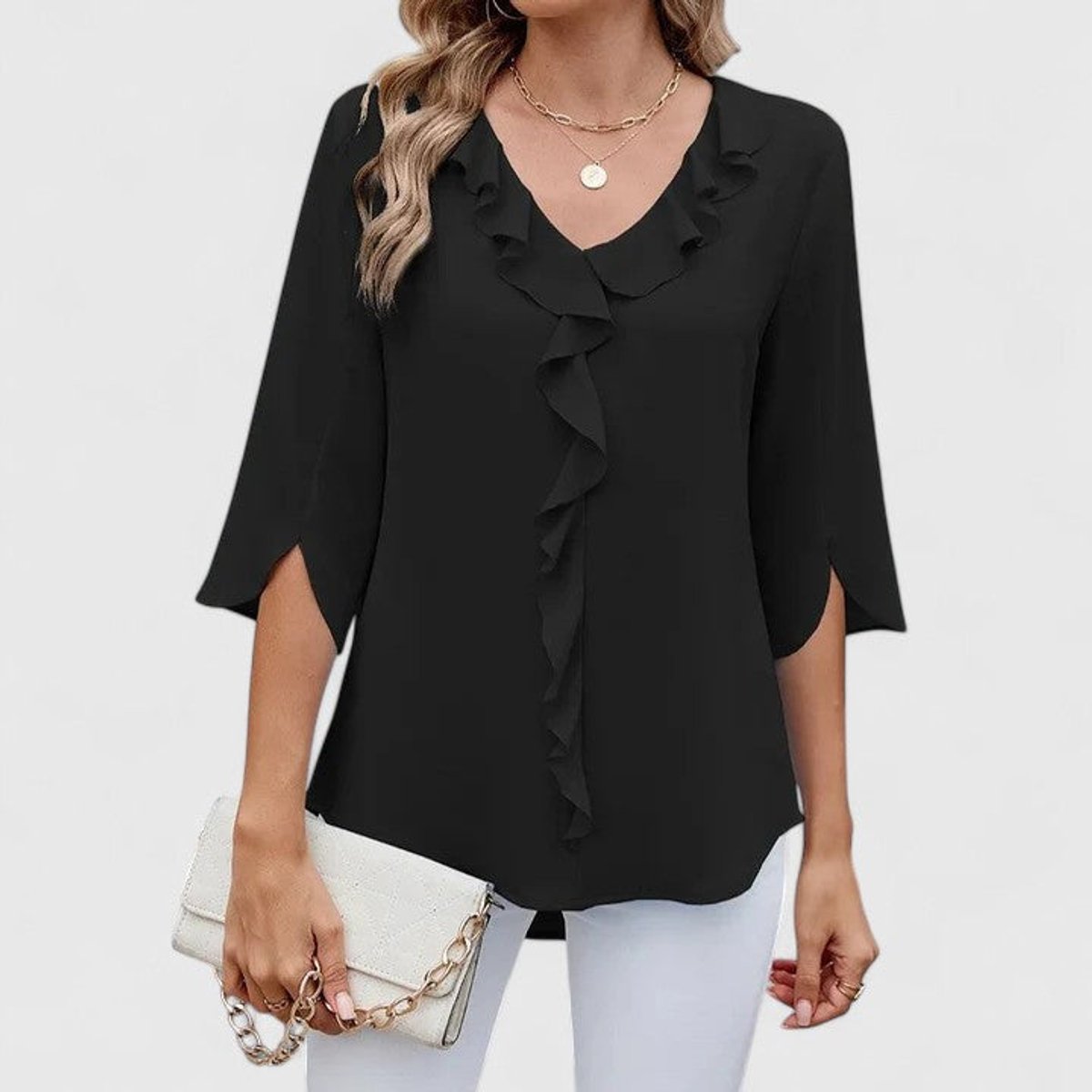 Adèle | Women's Ruffle Front V-Neck 3/4 Sleeve Blouse