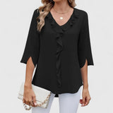 Adèle | Women's Ruffle Front V-Neck 3/4 Sleeve Blouse