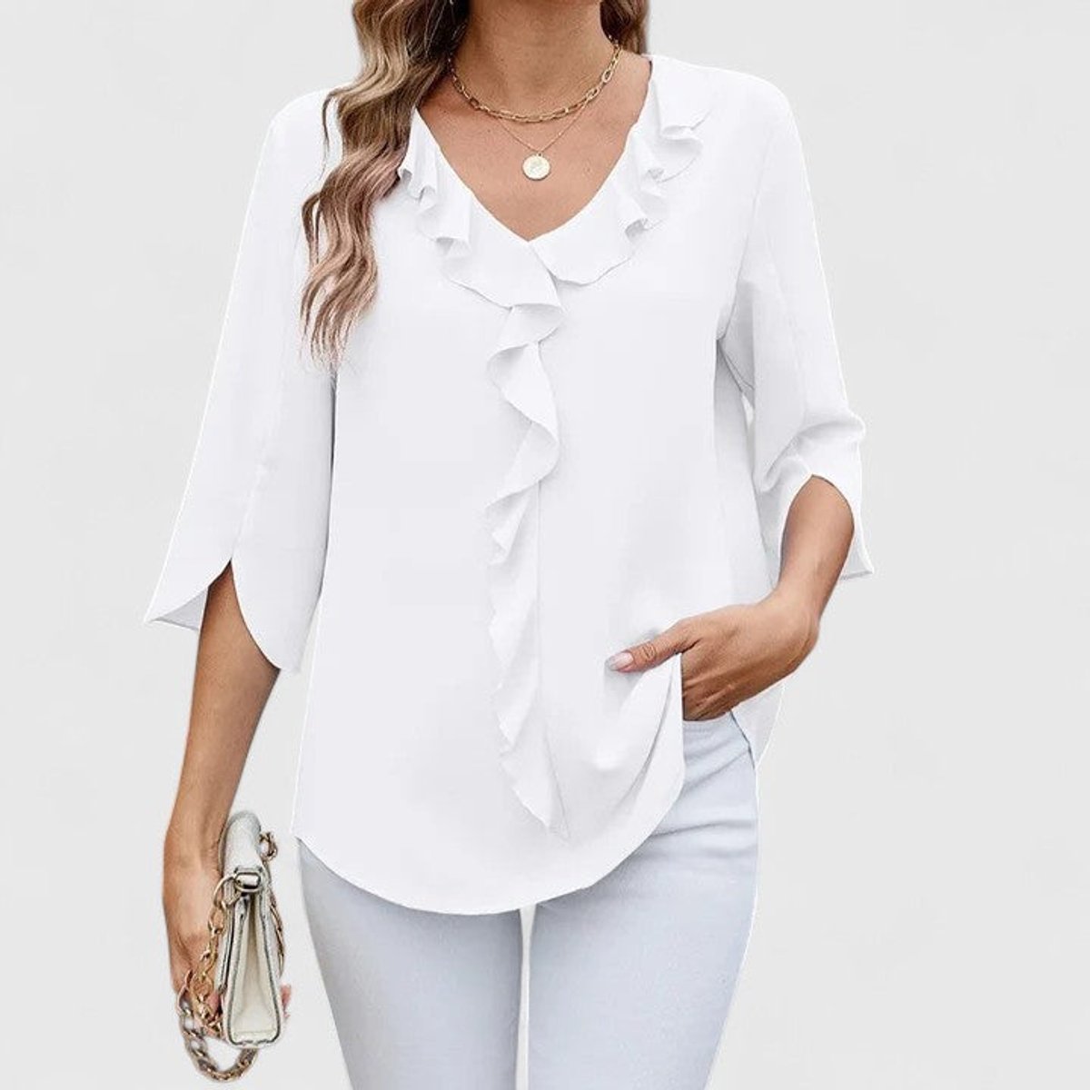 Adèle | Women's Ruffle Front V-Neck 3/4 Sleeve Blouse