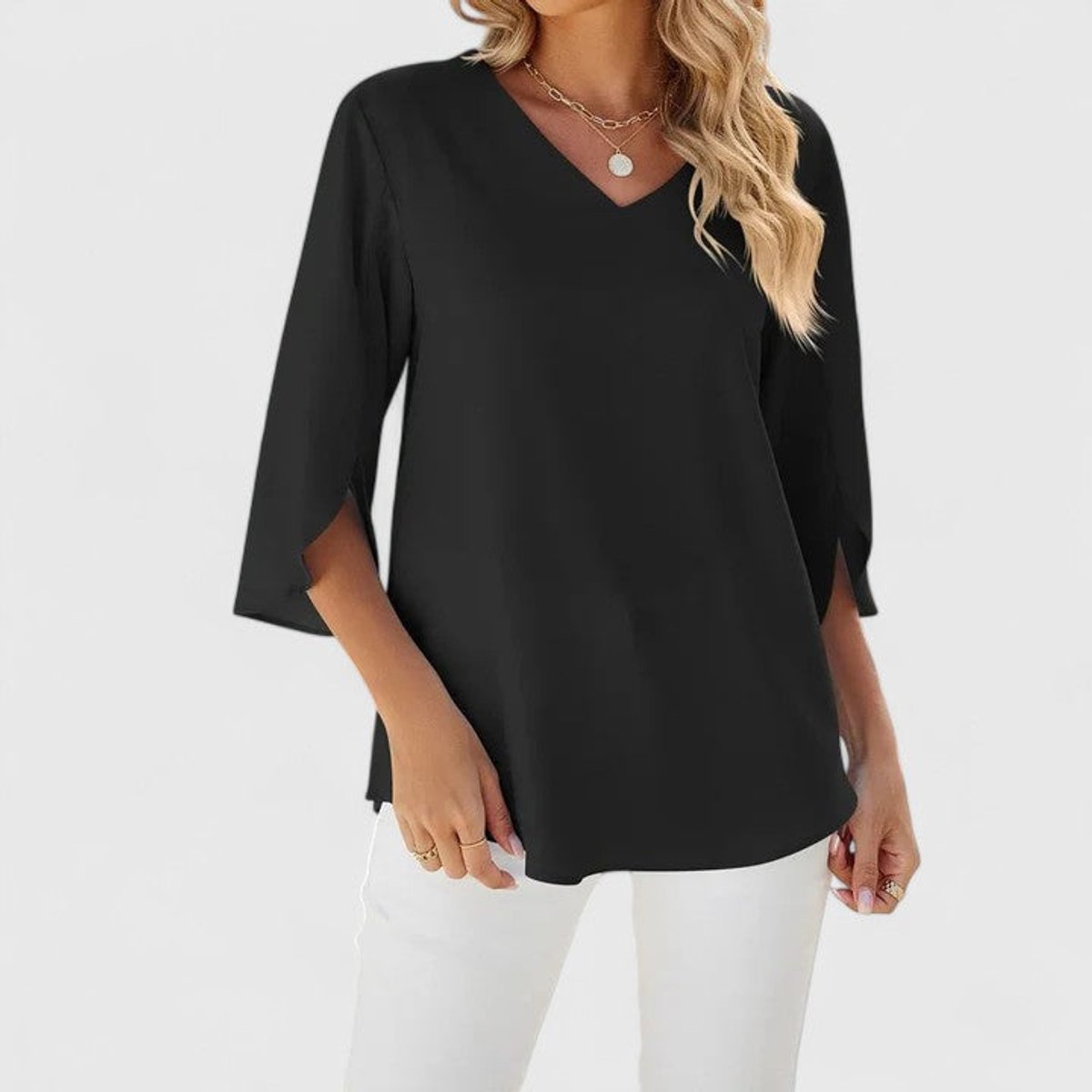 Adèle | Women's Ruffle Front V-Neck 3/4 Sleeve Blouse