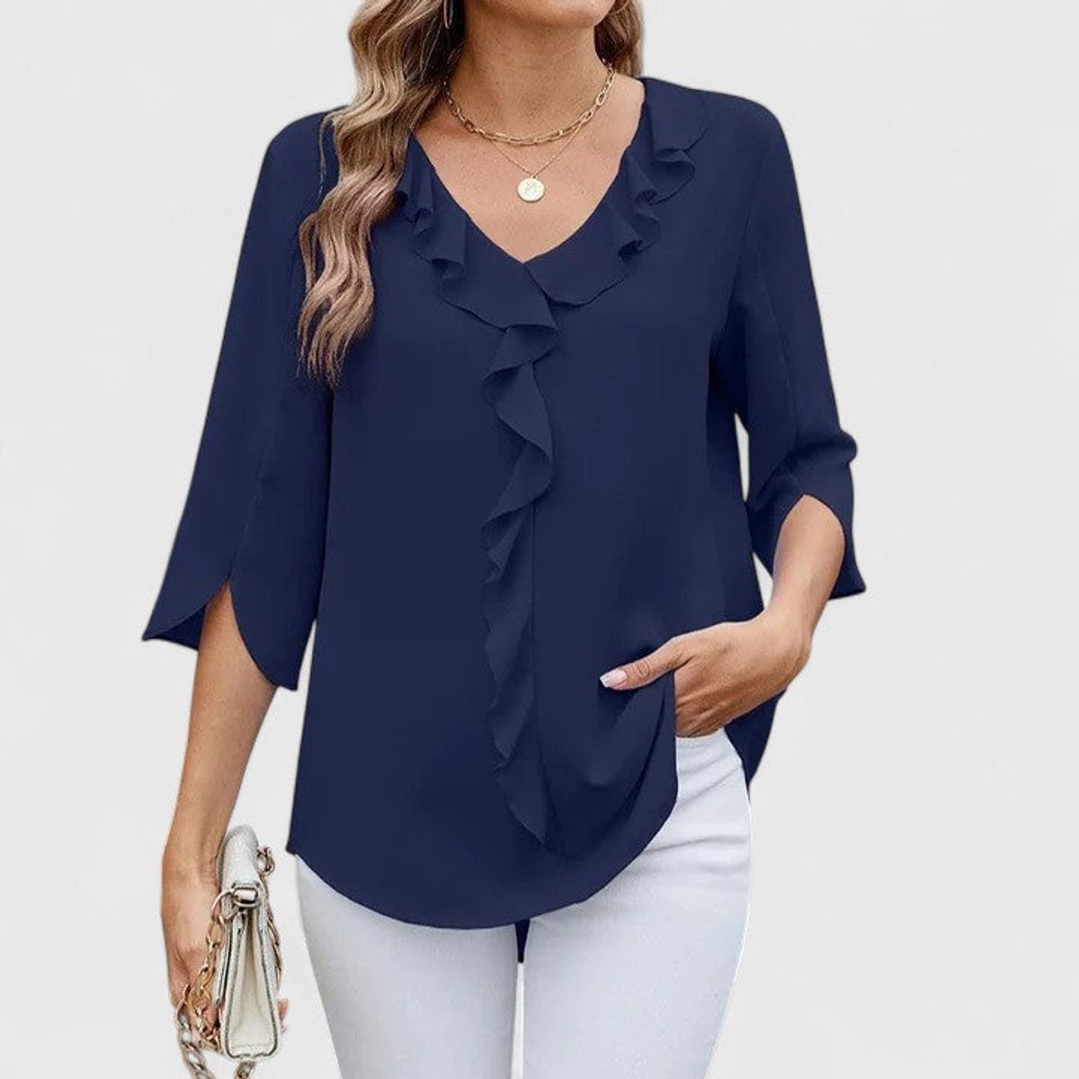 Adèle | Women's Ruffle Front V-Neck 3/4 Sleeve Blouse