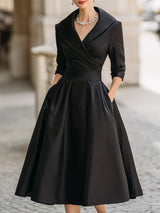 Aselma | Women's Black A-Line Midi Dress with Shawl Collar
