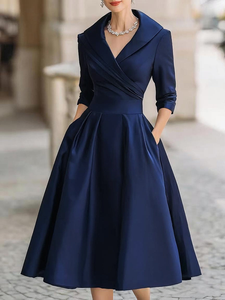 Aselma | Women's Black A-Line Midi Dress with Shawl Collar