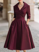 Aselma | Women's Black A-Line Midi Dress with Shawl Collar