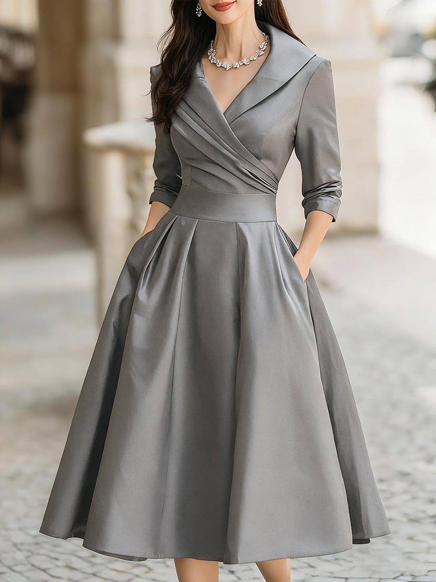 Aselma | Women's Black A-Line Midi Dress with Shawl Collar