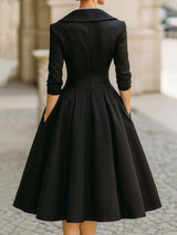 Aselma | Women's Black A-Line Midi Dress with Shawl Collar