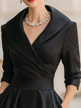 Aselma | Women's Black A-Line Midi Dress with Shawl Collar