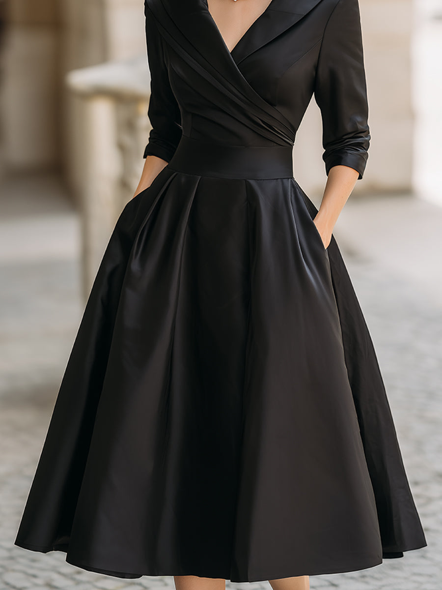 Aselma | Women's Black A-Line Midi Dress with Shawl Collar