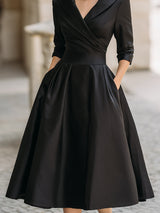 Aselma | Women's Black A-Line Midi Dress with Shawl Collar