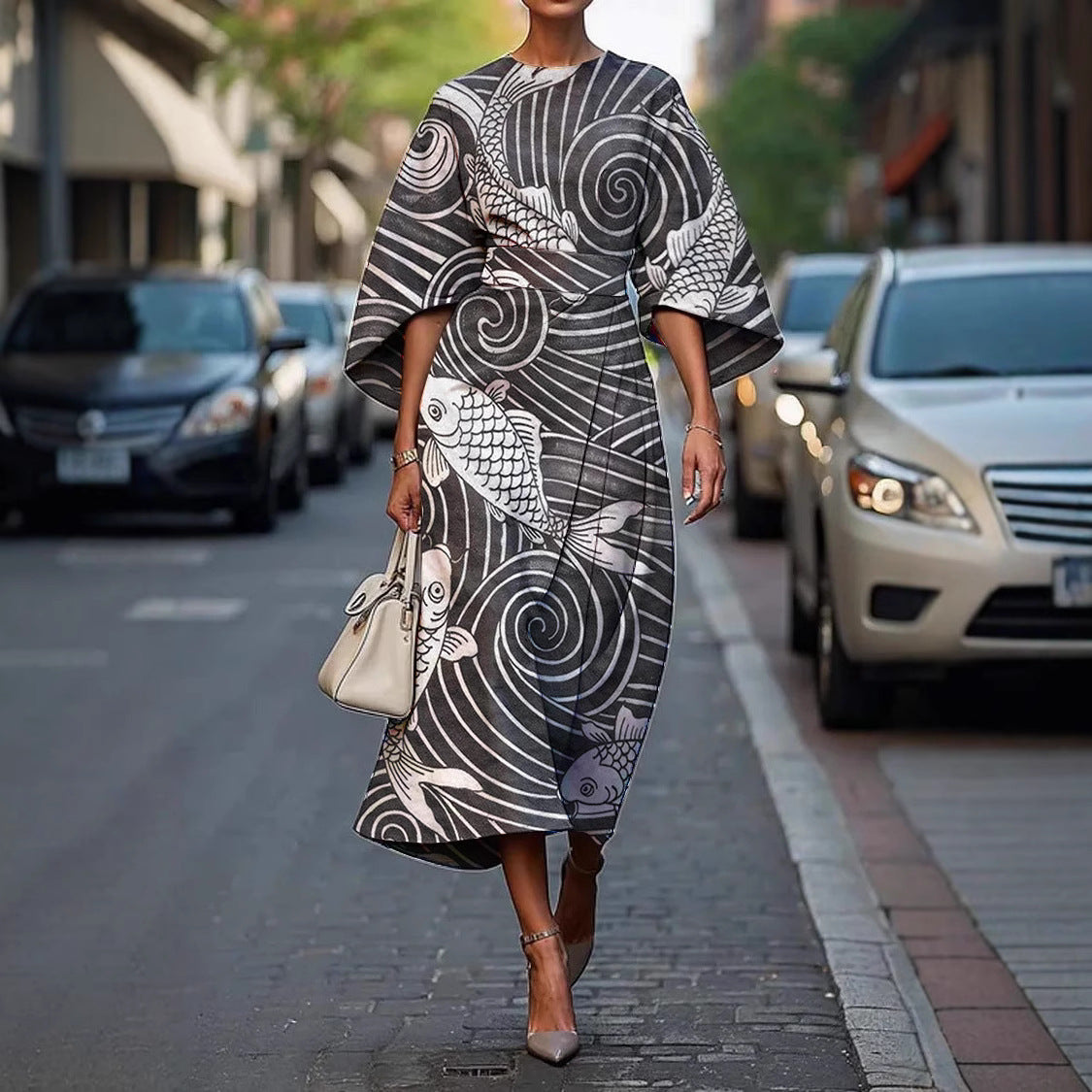 Kindra | Women's Batwing Sleeve Midi Dress Abstract Print