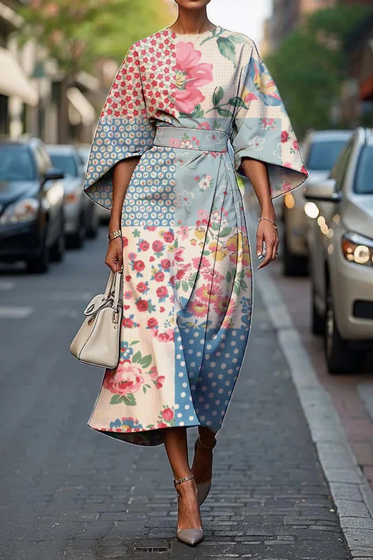 Kindra | Women's Batwing Sleeve Midi Dress Abstract Print