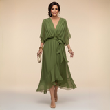 Aspen | Women's Chiffon Wrap Midi Dress in Olive Green