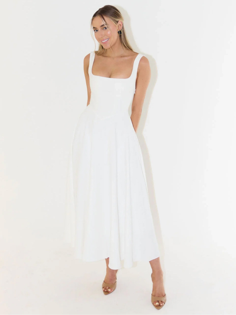 Ffion | Women's Sleeveless Square Neck A-Line Midi Dress