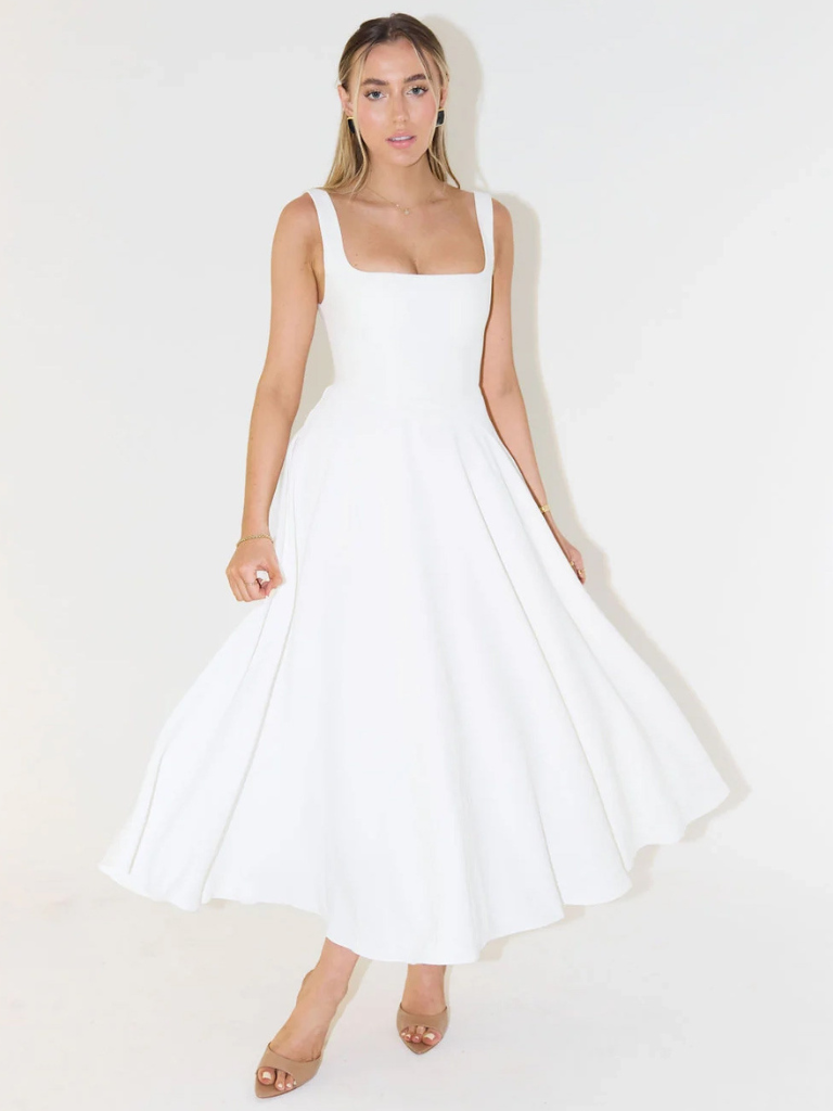 Ffion | Women's Sleeveless Square Neck A-Line Midi Dress