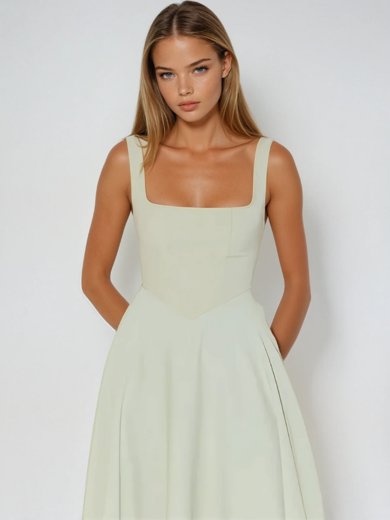 Ffion | Women's Sleeveless Square Neck A-Line Midi Dress