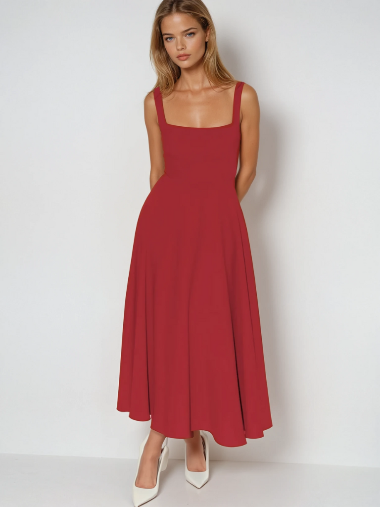 Ffion | Women's Sleeveless Square Neck A-Line Midi Dress