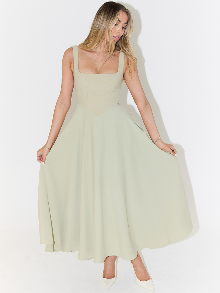 Ffion | Women's Sleeveless Square Neck A-Line Midi Dress