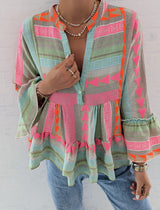 Galiene | Women's Boho Print Ruffle Sleeve Tunic Top