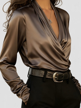 Pandora | Women's Draped Neck Satin Blouse Long Sleeve
