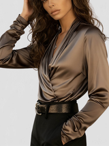 Pandora | Women's Draped Neck Satin Blouse Long Sleeve