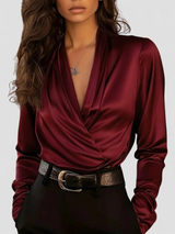 Pandora | Women's Draped Neck Satin Blouse Long Sleeve