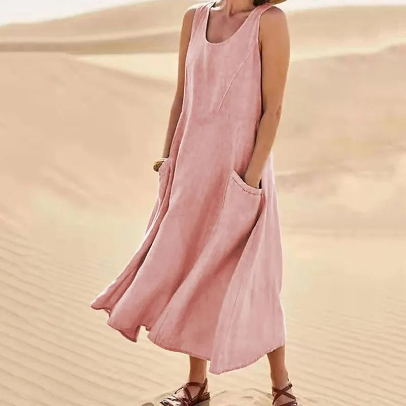Nadira | Women's Sleeveless Relaxed Midi Dress with Pockets