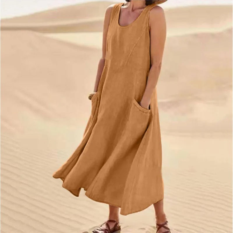 Nadira | Women's Sleeveless Relaxed Midi Dress with Pockets