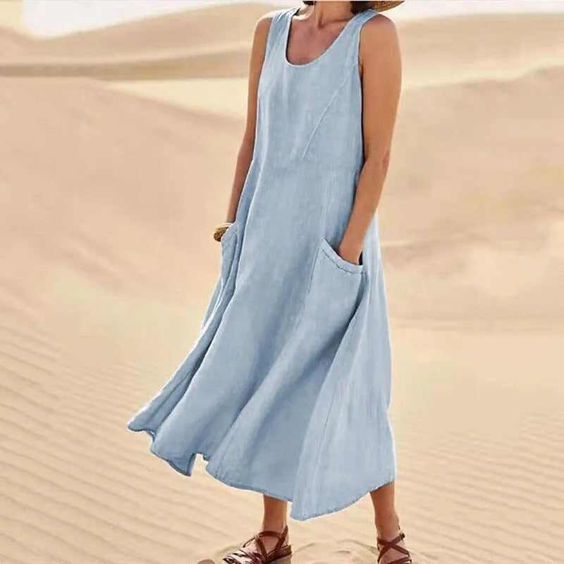 Nadira | Women's Sleeveless Relaxed Midi Dress with Pockets