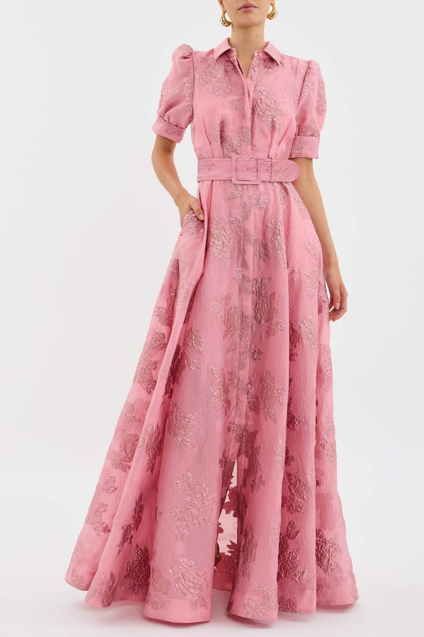 Tamsin | Women's Belted Floral Jacquard Maxi Shirt Dress