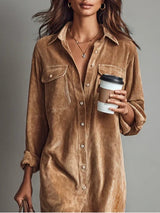 Ragnhild | Women's Corduroy Midi Shirt Dress with Pockets