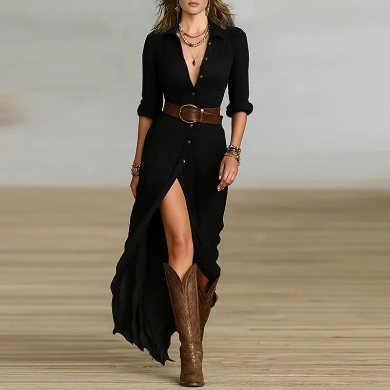 Marigold | Women's Long Sleeve Maxi Shirt Dress with Belt