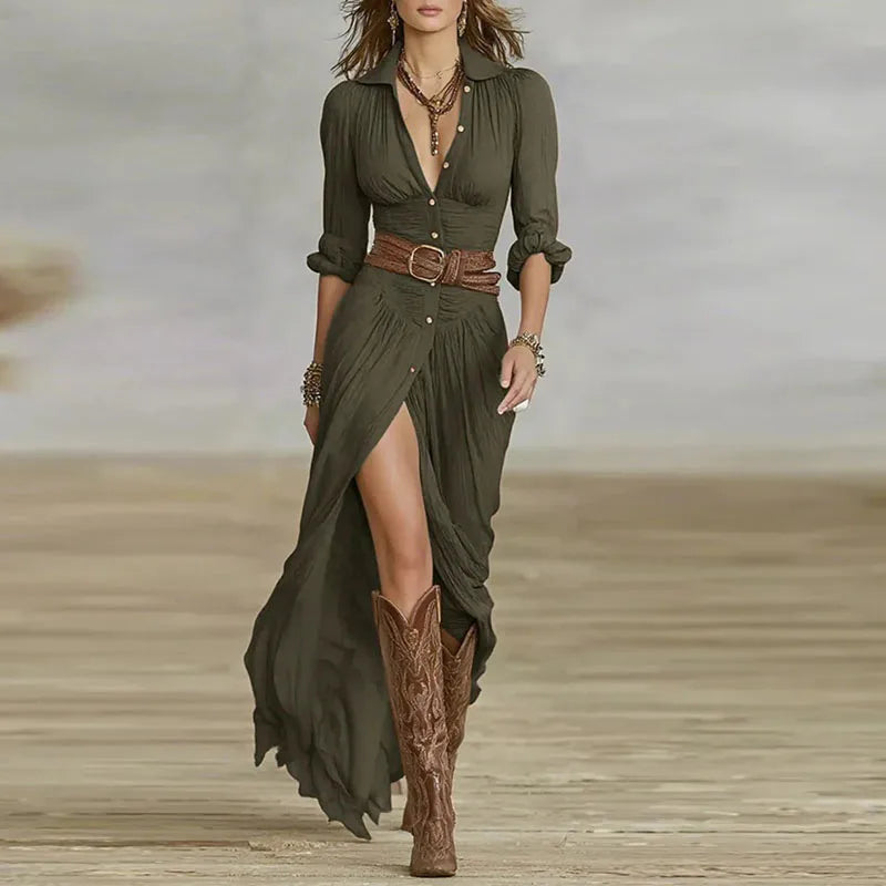 Marigold | Women's Long Sleeve Maxi Shirt Dress with Belt