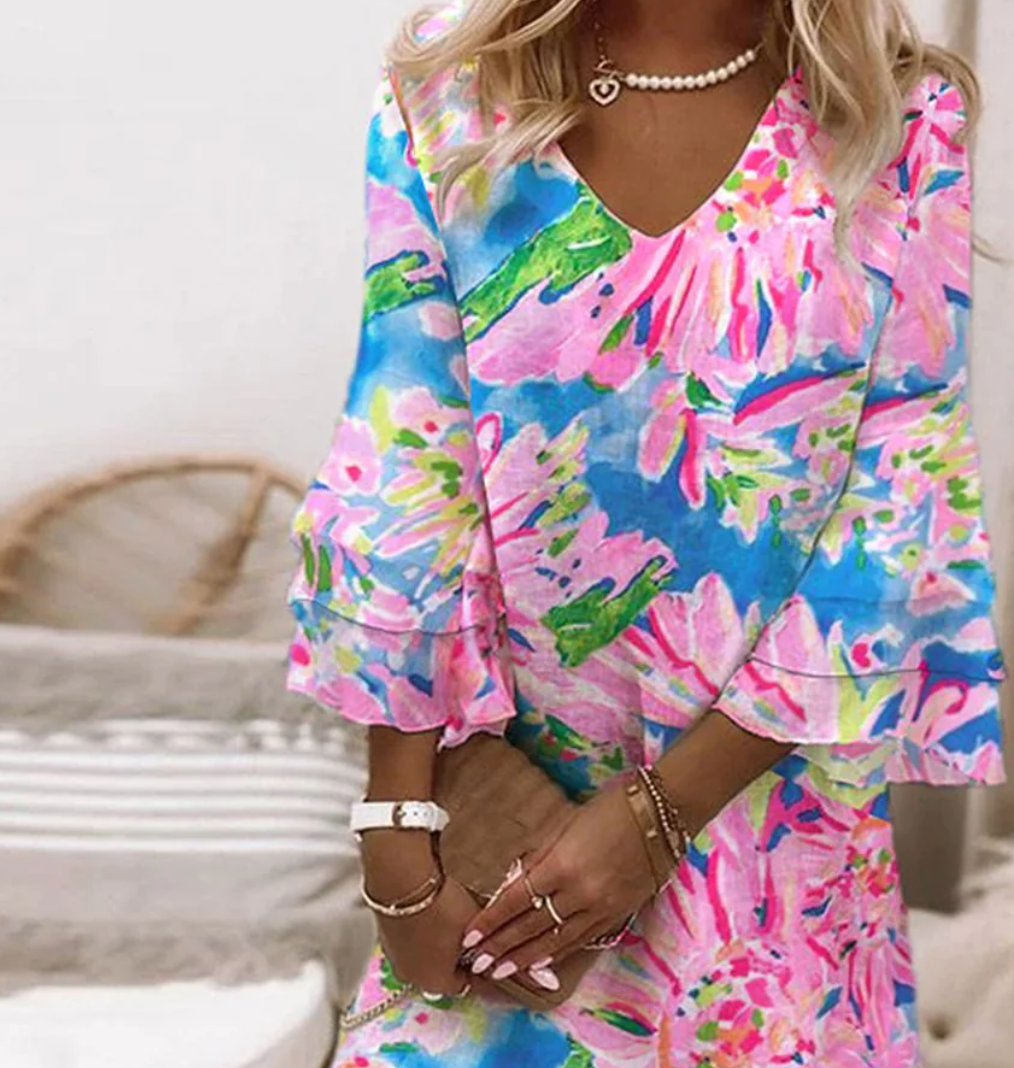 Blithe | Women's Floral Print Mini Dress with Bell Sleeves